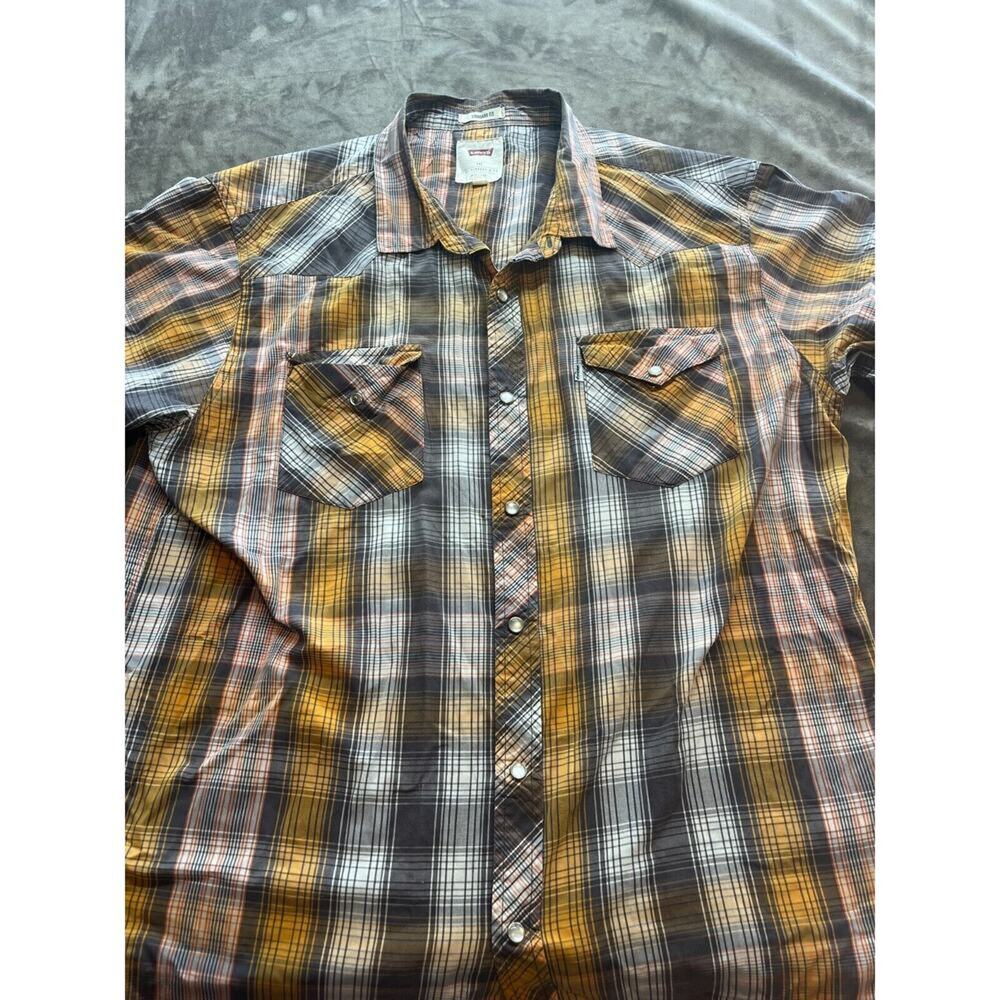 Levi’s Plaid Shirt Men’s XXL Black Yellow White Short Sleeve Western Pearl Snap